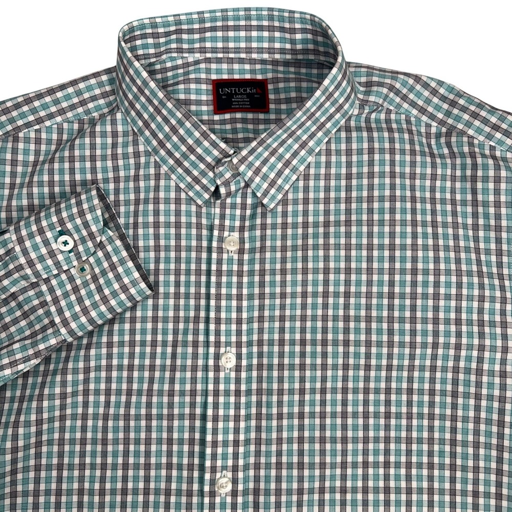 UNTUCKit Men's Large Wrinkle Free Teal White Gingham Plaid Long Sleeve Shirt